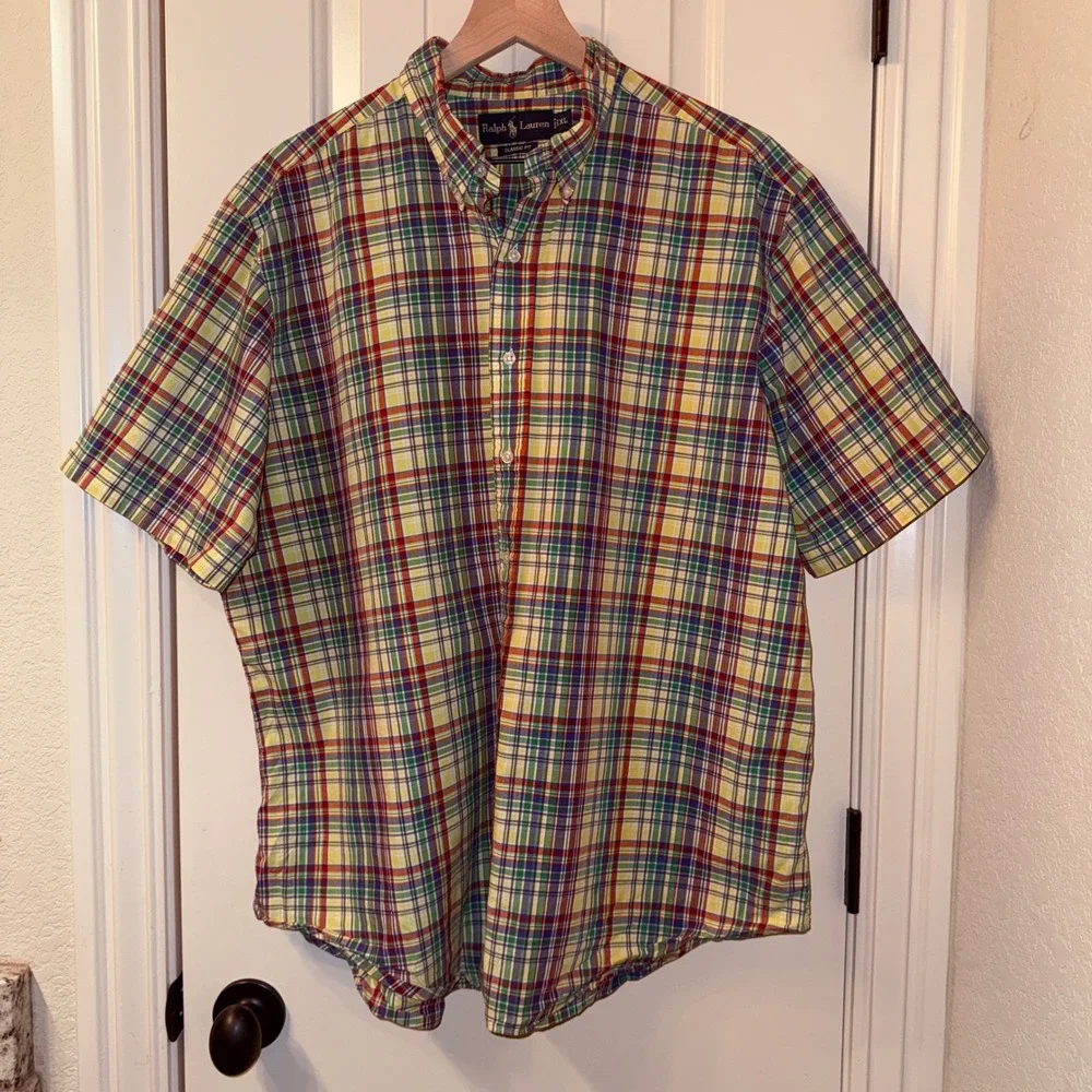 Polo Ralph Lauren Shirt XL Classic Fit Short Sleeve Plaid Madras Colorful Pony